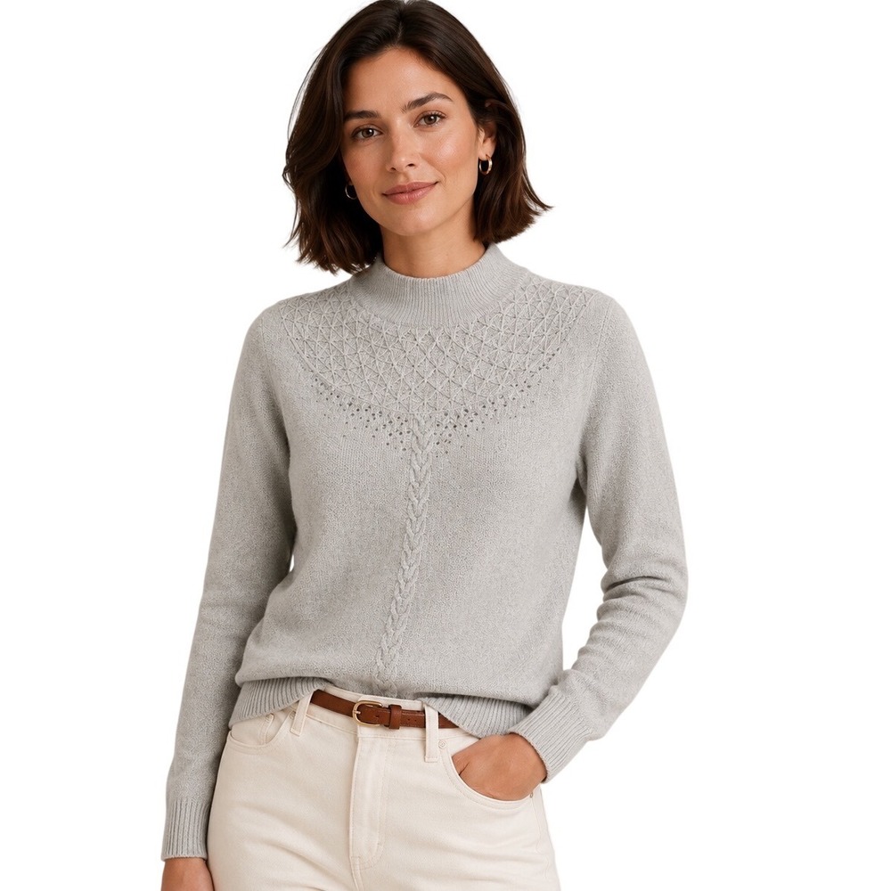 100% Cashmere Rhinestone Textured Knit Mock Neck Sweater Gray Montagut Paris S